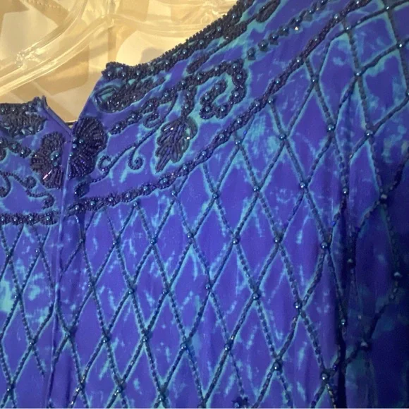 Vintage Laurence Kazer New York Y2K 100% Silk Elegant Blue Beaded Dress Size 3X - Picture 9 of 15